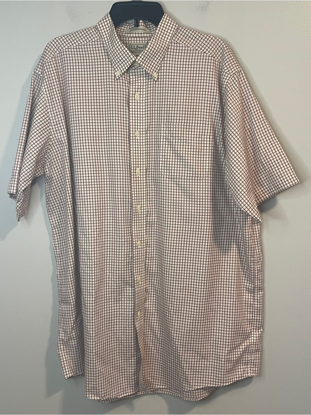 L.L. Bean Short-Sleeve Button-Down Shirt in White and Brown Check